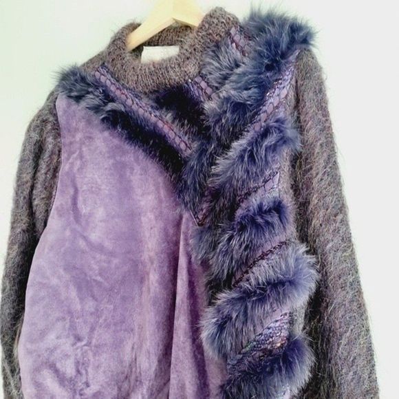 VINTAGE Purple Mohair Wool Suede & Fox Fur Sweater Sz M - Picture 3 of 12